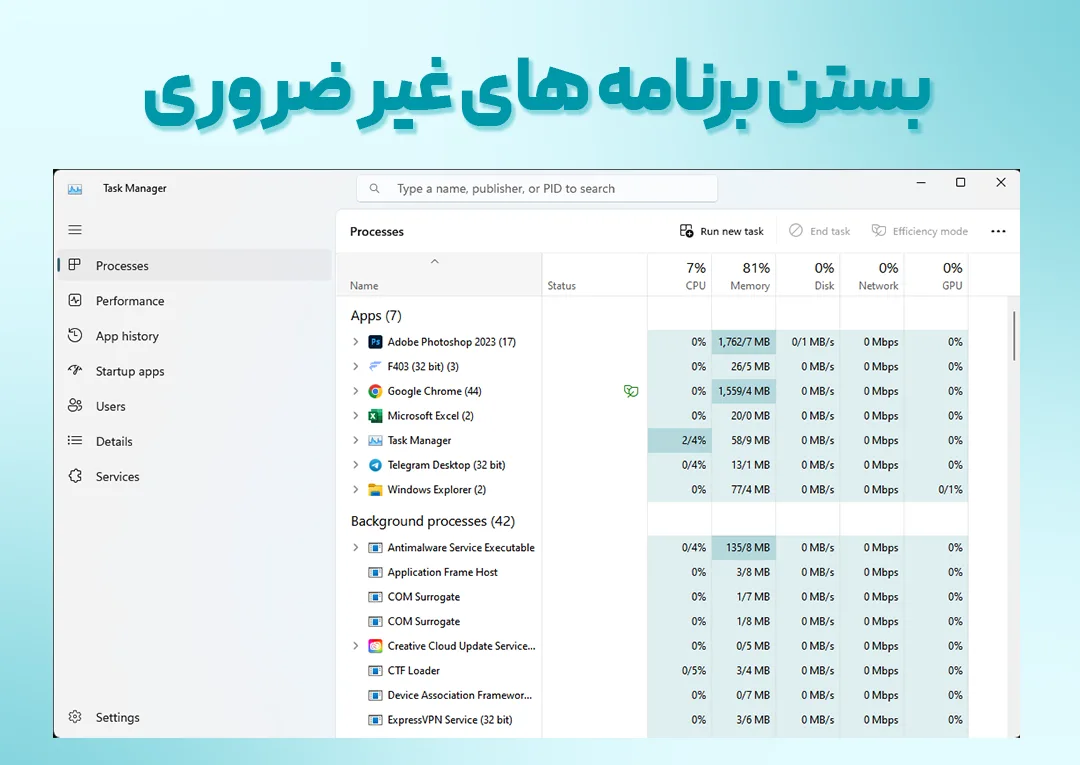 بستن برنامه های غیرضروری برای حل ارور There is Not Enough Memory در فتوشاپ